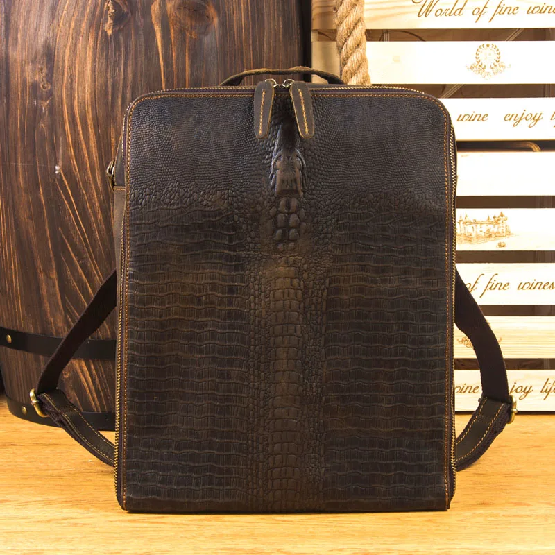 

LAPOE crazy horse Genuine Leather Men Alligator Backpack Brand Designer Cowhide Messenger Shoulder Bag Vintage Zipper Bag Male