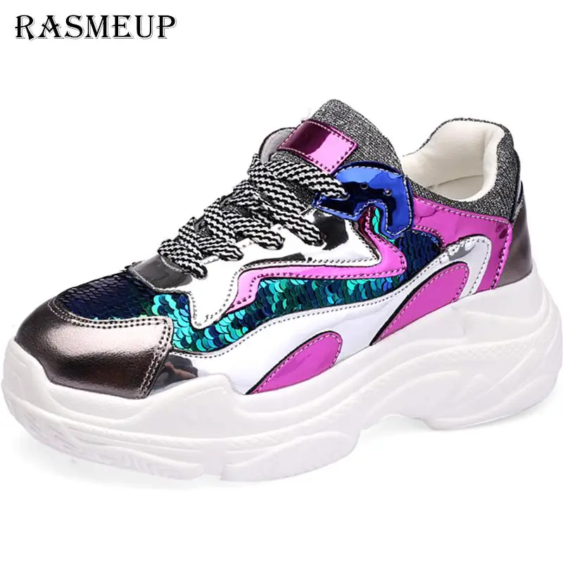 RASMEUP для женщин Блеск Платформа Спортивная обувь Мода г. ботинки с массивным Каблуком Женщина тройной подошвой металлик блёстки Bling обувь - Цвет: silver