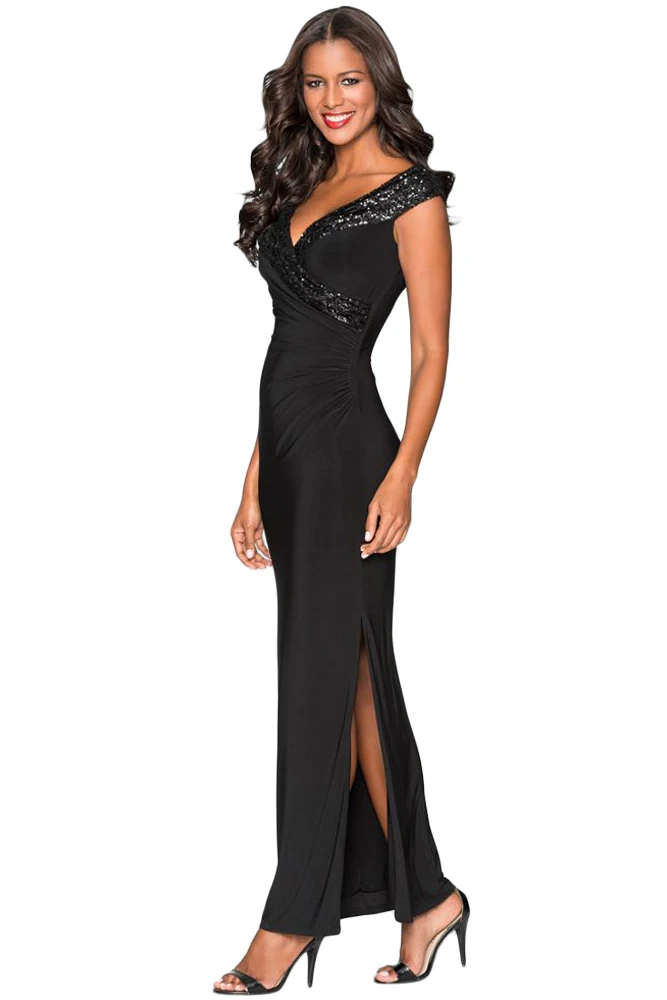 Black-Sequin-Wrap-V-Neckline-Long-Evening-Dress-LC610264-2-1