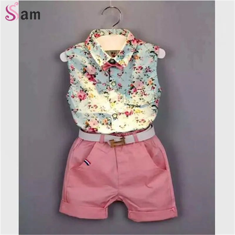 

2016 new Children clothing casual sleeveless summer style baby boys girls Shirt + shorts + belt 3pcs suit children clothing set