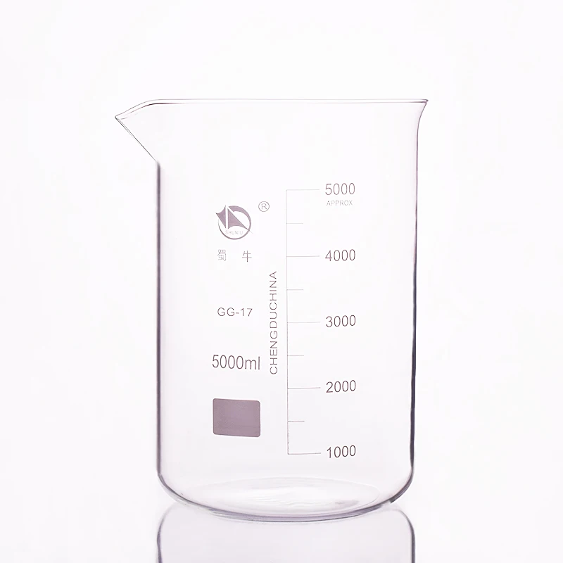 

Beaker in low form,Capacity 5000ml,Outer diameter=178mm,Height=275mm,Laboratory beaker
