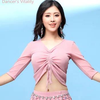 

Summer Women Short Sleeve Perspective Cut out Lace Printing Flower Belly Dance Top Practice Elegant T-shirt Free Shipping