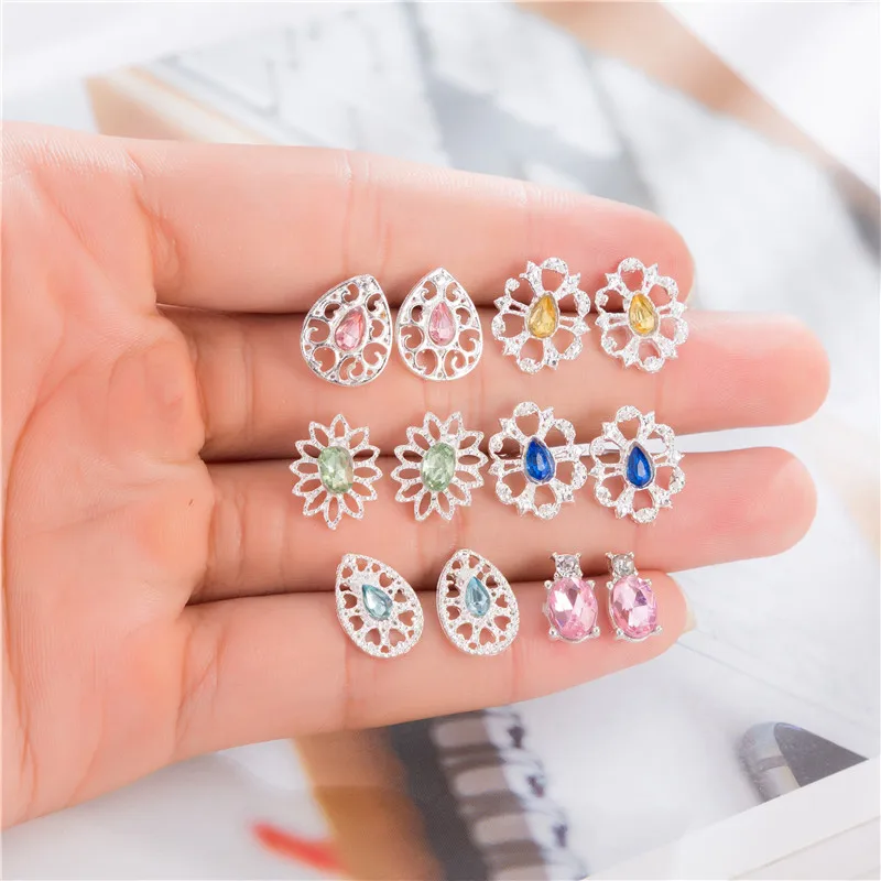 

6 Pairs/Set Multicolored Flower Crystal Stud Earring Set Bohemian Hollowed Geometric Brincos For Women Statement jewelry