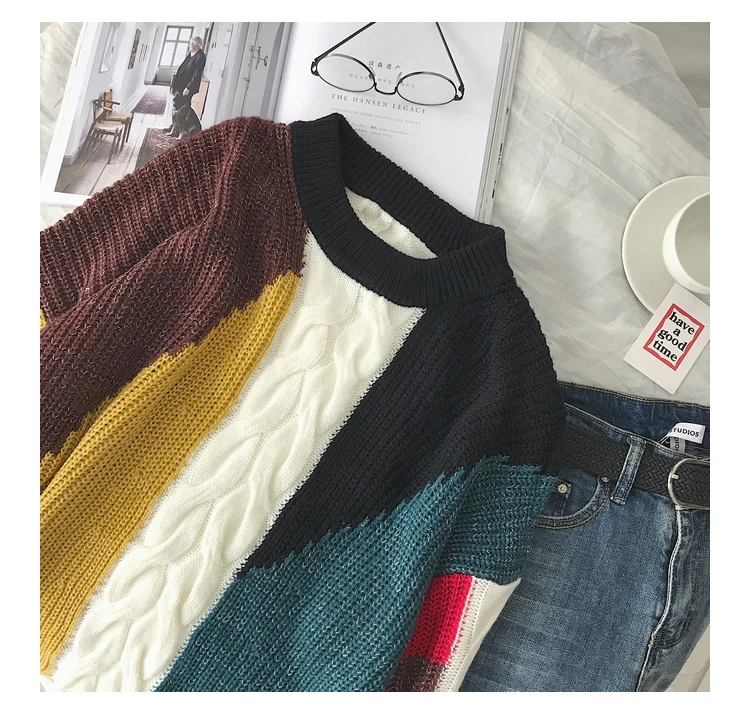 Зимний мужской свитер, теплый модный контрастный цвет, Повседневный свитер с круглым вырезом, пуловер, Мужская Уличная одежда, свободный свитер в стиле хип-хоп