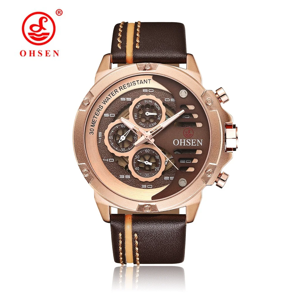 

OHSEN Rose Gold Leather Strap Quartz Sport Man Military Watch Waterproof Week Display Famous Men Watches 2018 Luxury Brand Clock