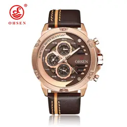 OHSEN розовое золото кожаный ремешок Кварцевые спортивные мужские военные часы водостойкие Неделя дисплей знаменитые мужские часы 2018