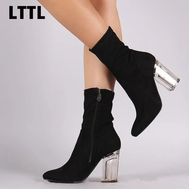 Lttl vrouwen transparante hak enkellaars lakleer dikke hak korte laarsjes  designer hol hakken perspex hakken vrouw|short bootie|designer bootiesthick  heel - AliExpress
