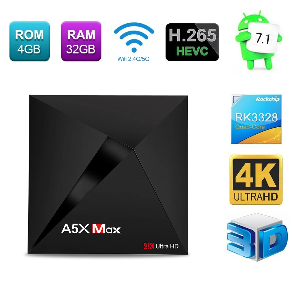 A5X Max Android TV Box RK3328 4GB RAM 32GB 4K HD Smart TV Box with USB 3.0 Smart IPTV M3U espana French Italian Spain Arabic  