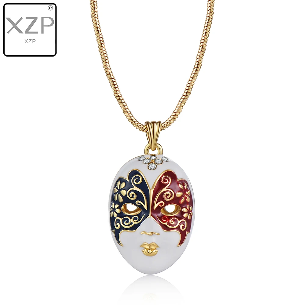 

XZP Cute Enamel Opera Facial Masks Pendant Charm Snake Chain Necklaces Austrian Crystal Women Necklaces Pendants Choker Necklace