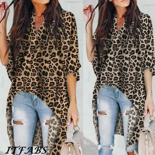 Fashion Women's Ladies Summer Long Sleeve Shirt Loose Casual Leopard Tops T-Shirt 3