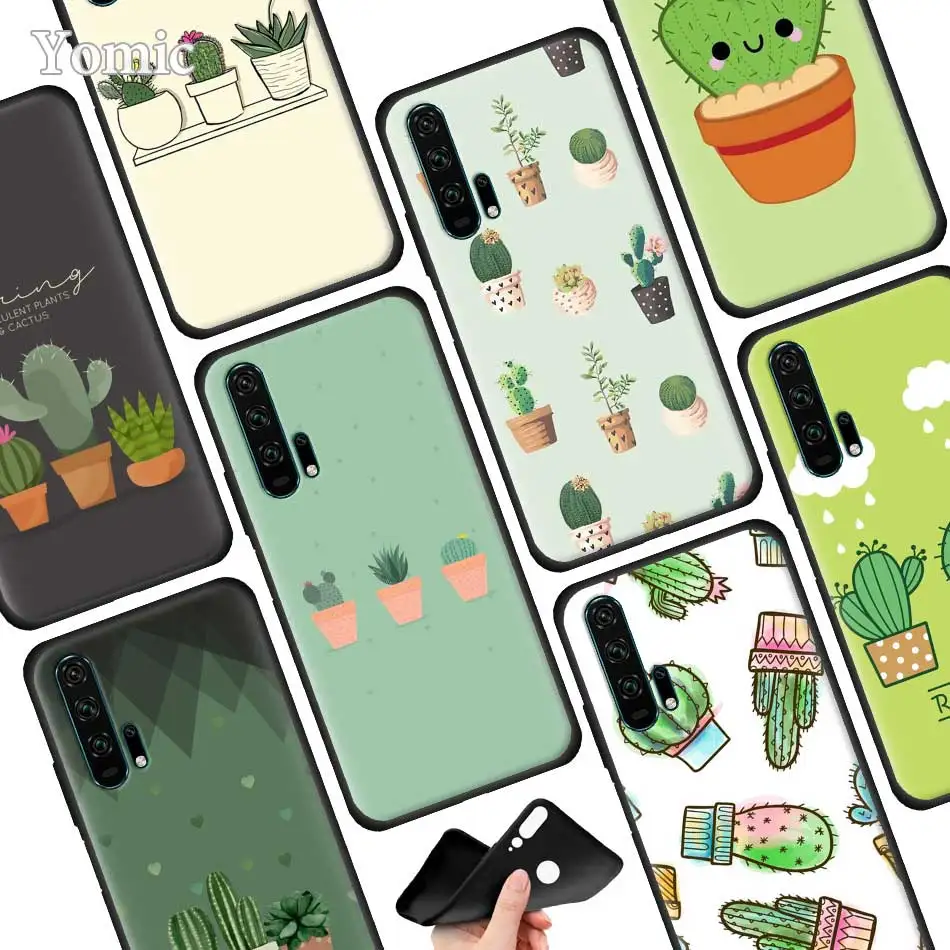 

Cute Green Cactus Potted Plant Silicone Phone Case for Huawei Honor 20 Pro 20 10 Lite 8X 8C 8A 8S V20 20i Play Enjoy 9S 9E Cover