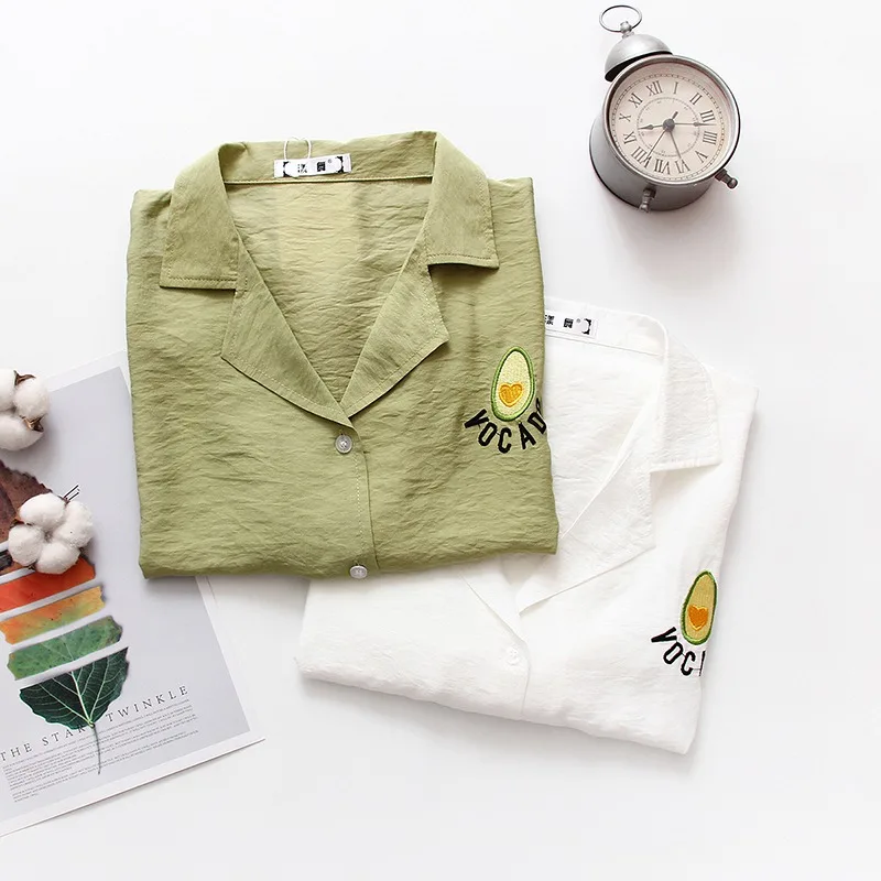 

Korean solid Blouse Fashion Short Sleeve Summer turn-down collar loose wild embroidery small fresh shirt