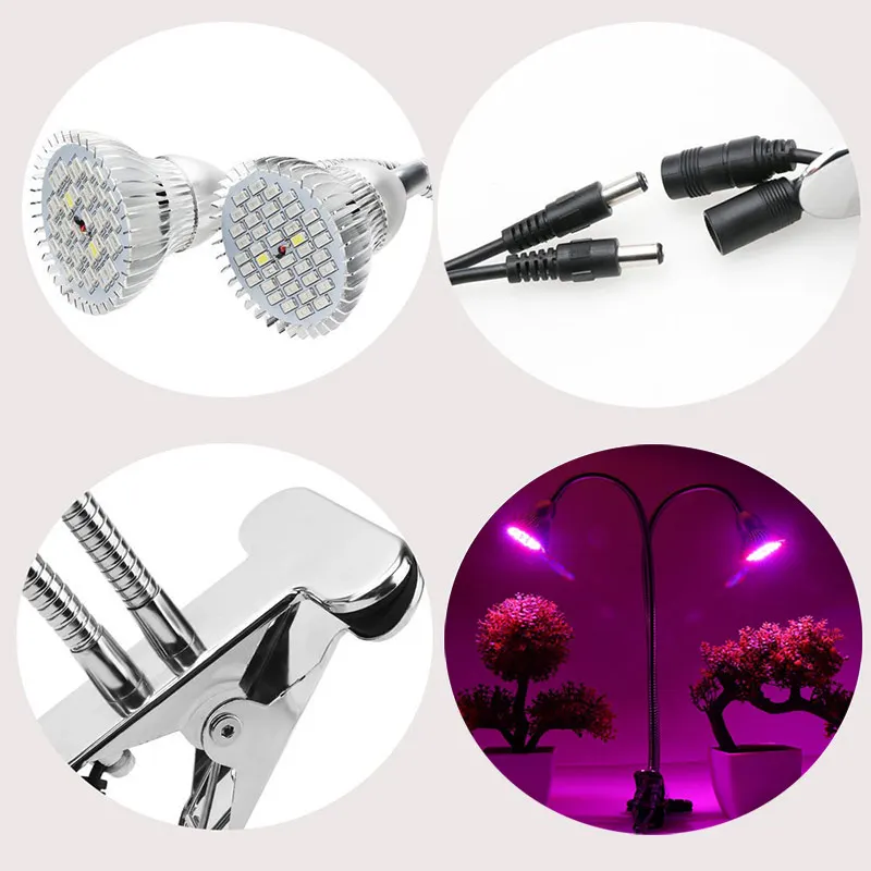 

60W Dual Head LED Grow Lamp Light Desk Clip Flexible Gooseneck Full Spectrum for Indoor Plants QJ888