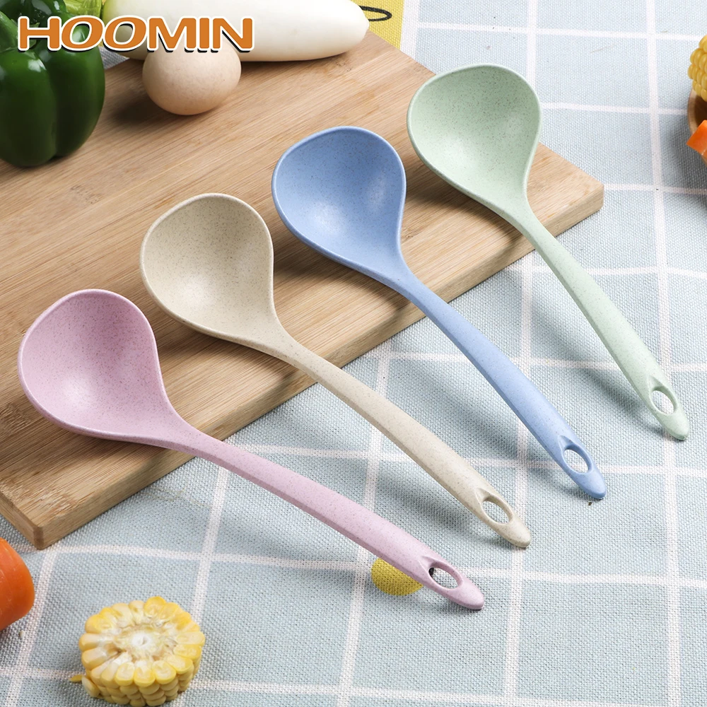 

HOOMIN Eco-Friendly Kitchen Supplies Meal Dinner Scoop Ladle Tableware Long Handle Soup Spoon Wheat Straw