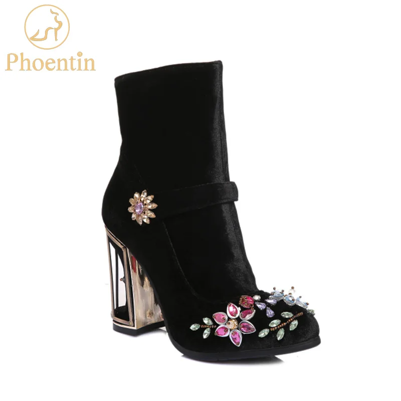 Phoentin черные стразы цветок Женские ботинки для свадьбы; женские туфли в стиле ретро; ботильоны с клетка для птиц Обувь на высоком каблуке на молнии; женская обувь из бархата, FT466 - Цвет: Черный
