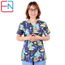 Hennar, женские топы с эффектом потертости, медицинская одежда, хлопок, для медсестер, костюмы врача, с принтом, Женская медицинская форма, Рождественский дизайн