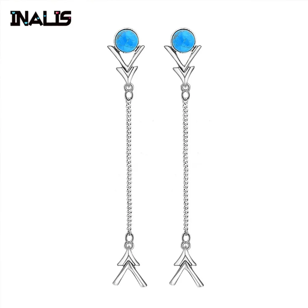 

INALIS New Statement Punk Design 925 Sterling Silver Long Chain with Turquoise Arrow Shape Drop Earrings for Women Party Brincos