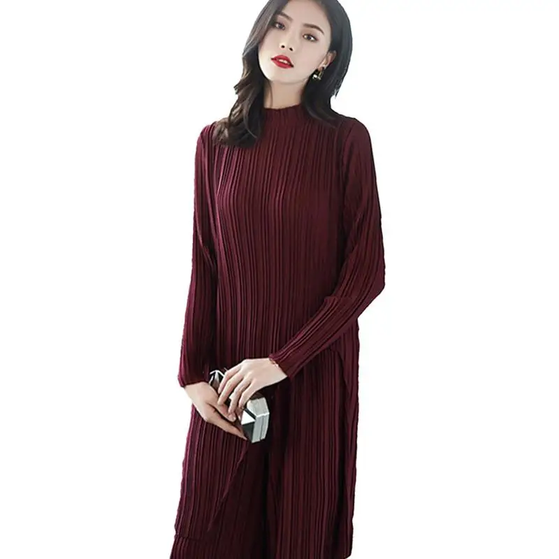 

2 Piece Set Women O Neck Split Long Pullover Tops And Wide Leg Pants Set Spring Autumn Women Loose Casual Pleated Sets 2019 J127