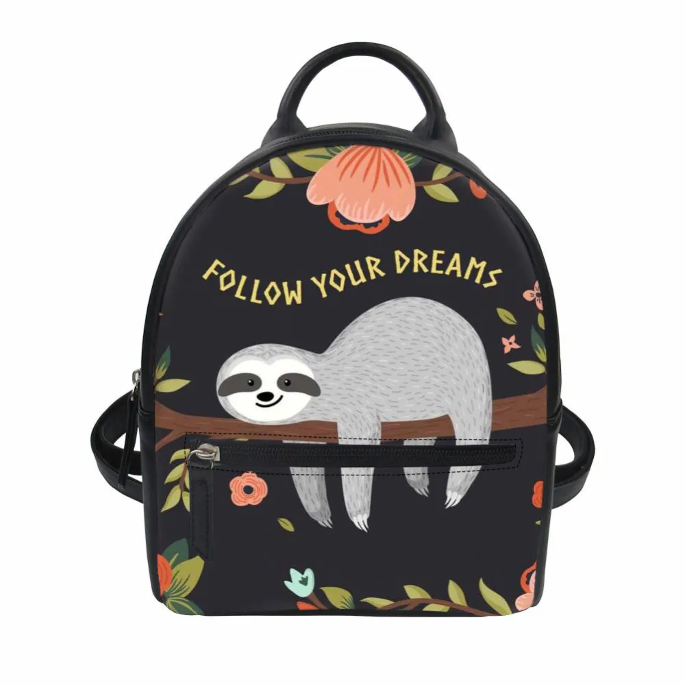 

THIKIN Flower Cute Sloth Print Women Small Backpack Teenager Girls Travel Bag PU Leather Rucksack Fashion Mochila Customize