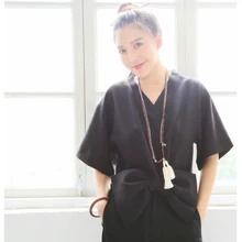 Домашняя дизайнерская свободная льняная Футболка свободного кроя с бантиком и узким поясом 723