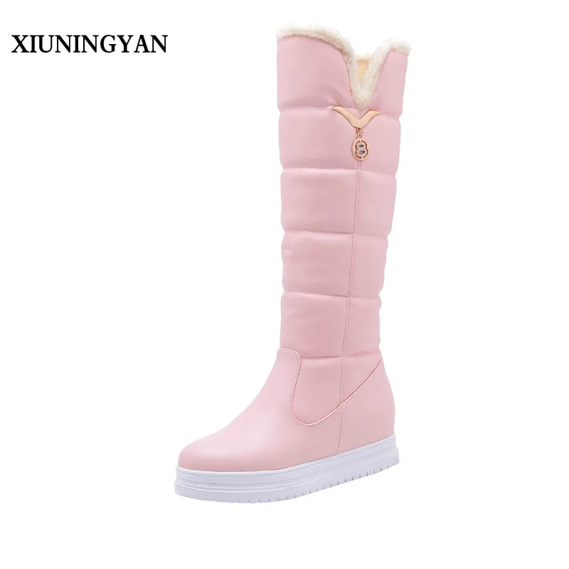 

XIUNINGYAN 2018 Leather Boots Fashion Waterproof Snow Boots Women's Knee High Boots Flat Winter Boots Platform Fur Shoes Women