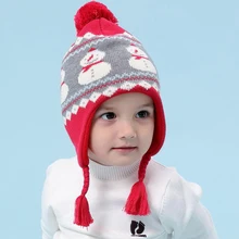 Детская зимняя шапка, утолщенная теплая детская трикотажная шапка с принтом ушей, шапки для девочек и мальчиков, Рождественская белая шапка, детская шапка с помпоном