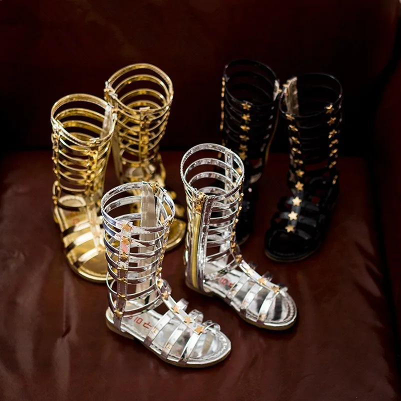 

2017 gold Summer Baby Girl Cut-Outs Hollow Roman PU Sandals Children Knee Boots Gladiator Kid Flat Glitter Star Zipper Shoes