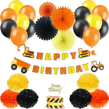 

15pc Orange Black Yellow Construction Vehicle Boy Birthday Party Decoration Set Happy Birthday Banner Cake Topper Paper Fans