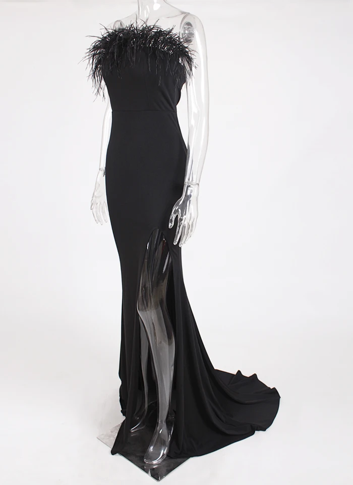 Черное перьевое Макси платье с вырезом-лодочкой, растягивающееся с разрезом, без бретелек, бодикон, открытая спина, длина до пола, без рукавов, длинное Клубное платье