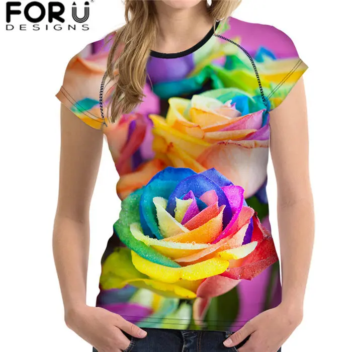 FORUDESIGNS/женская летняя одежда, Сексуальная футболка с принтом розы, топы, футболка, женская футболка, футболка с цветами, дышащая, мягкая, для девушек - Цвет: CC2536BV.