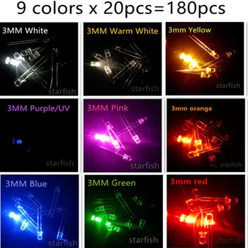 

Free shipping 9 colors x 20pcs=180pcs led 3mm white-W/blue/red/yellow/green/warm white-WW/purple-UV/pink/orange F3 Short leg