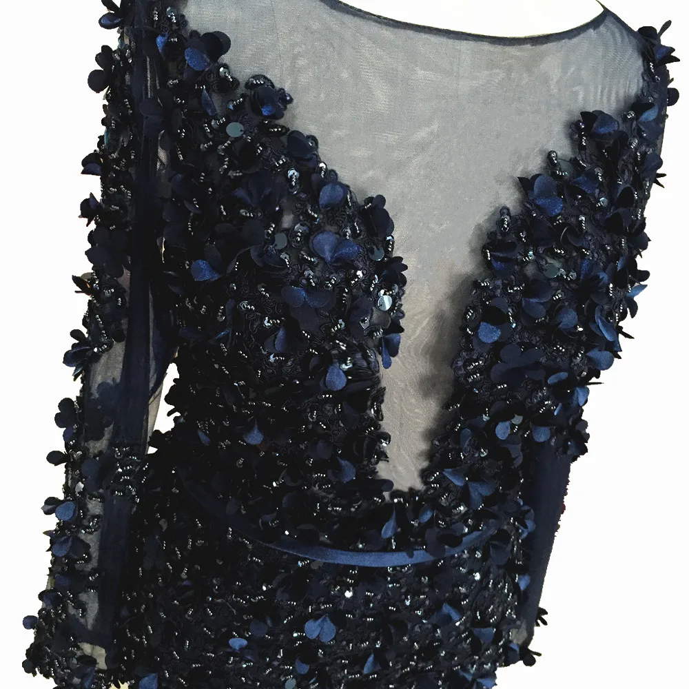 

Dubai Long Sleeve Mermaid Evening Dresses 2020 Crystal Navy formal Evening Gowns flower vestidos de fiesta sirena Robe De Soiree