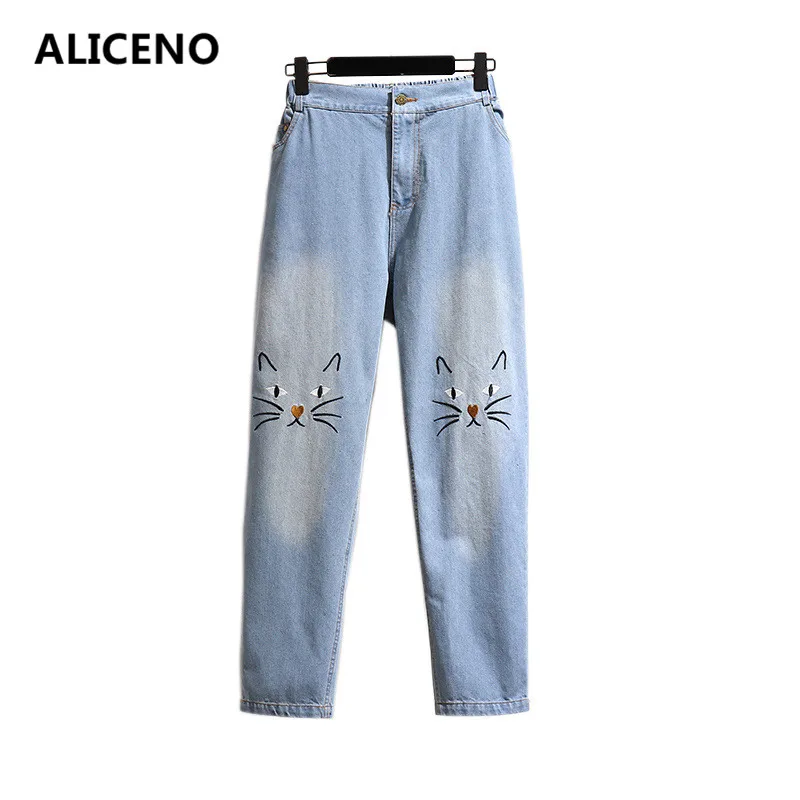 ALICENO Новый 2019 2XL-6XL Высокая талия с изображением котенка; пикантные синие Для женщин зауженные джинсы полной длины Повседневное штаны джинсы