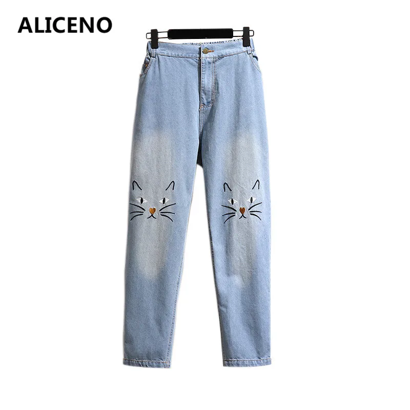 

ALICENO New 2019 2XL-6XL High Waist Cat Print Sexy Blue Women Pencil Jeans Full Length Casual Pants Jeans Trousers Loose Clothes