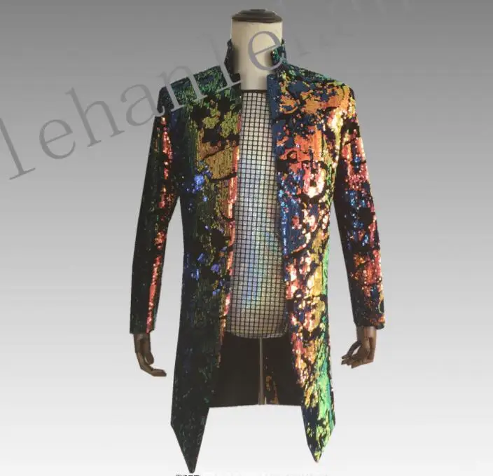 Médio e Longo Seção de Veludo Impressão Flip Sequin Roupas Homens Ternos Jaqueta Blazer Dança Palco Cantores Estilo Estrela Vestido