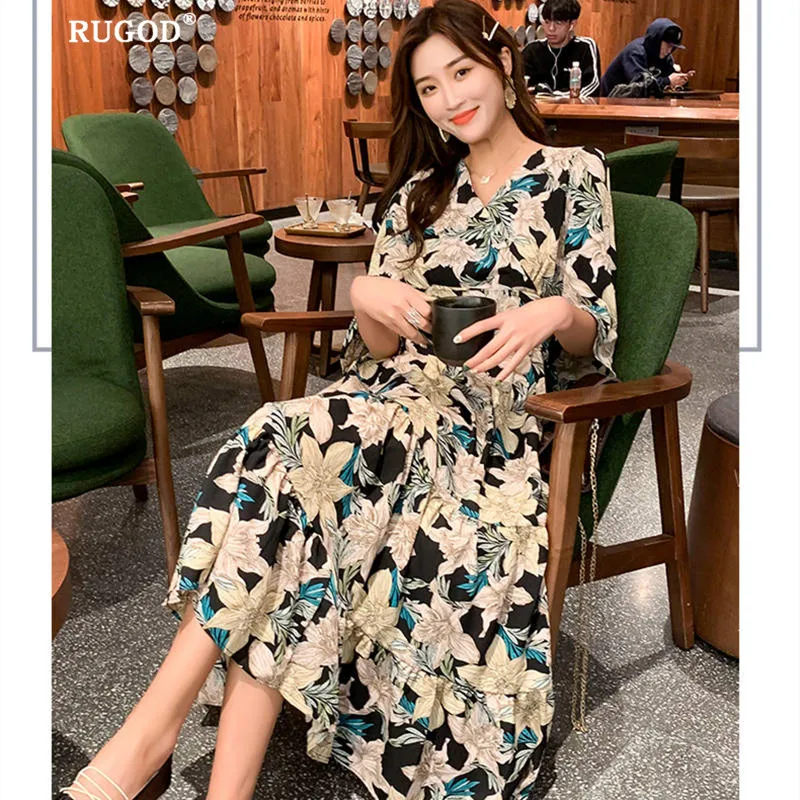 

RUGOD New clothing Sunmer Vintage dress Floral V-neck Casual Ruffle Long maxi dress vestidos verano 2019