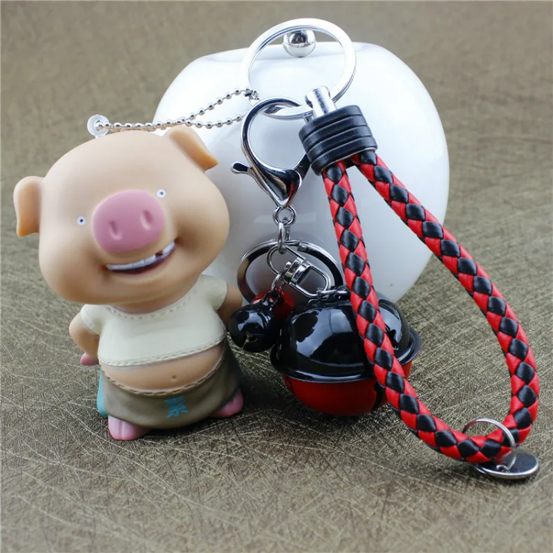 

Cute Cartoon PVC Pig Keychain Auto Key Ring Leather Rope Metal Bell Vinyl Swine Toy Keychain Porte Clef Key Holder Pendant Gift