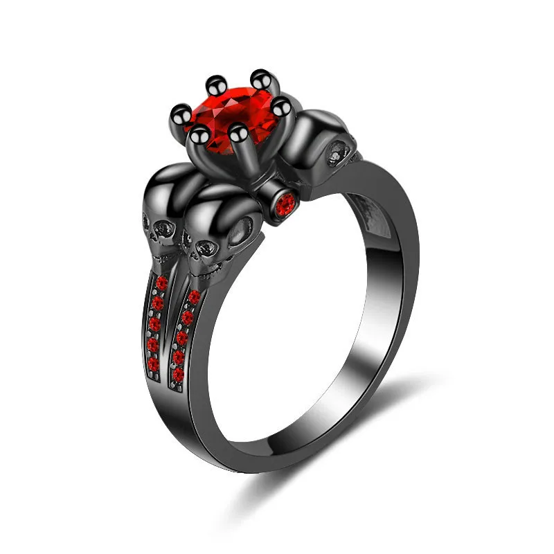 

jingyang Gothic Skull Style Ring Red Crystal Zircon Black gold Female Rings For Women Girls Skeleton Jewelry Gift Dropshipping