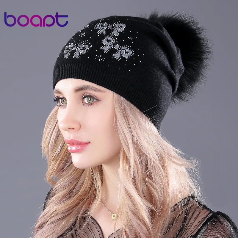 

[boapt] bow flower double layer wool knitting caps real raccoon fur pompon thick female folds beanies warm winter women's hats