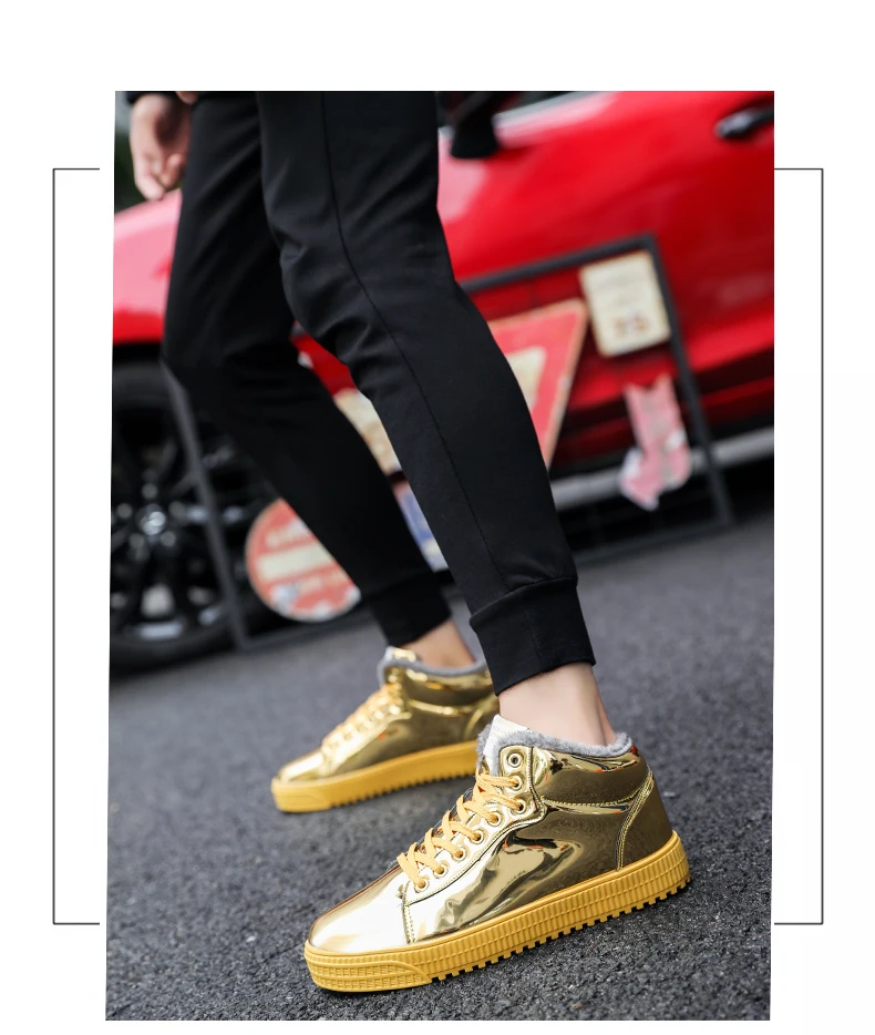 TYDZSMT Women Vulcanized Shoes Short Plush Warm Sneakers Ladies Lace-up Basket Shoes Bling Mirror Leather Flat Gold Shoe