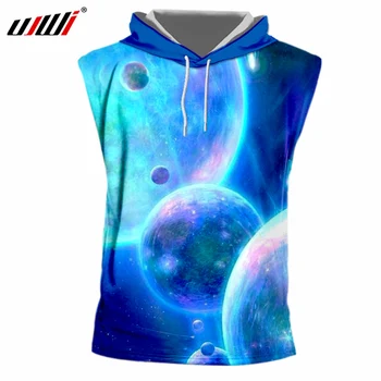 

UJWI Man Gyms Fitness Undershirts With Cap Men 3d Cool Print Blue Galaxy Space Sleeveless Hooded Tshirts Plus Size 7xl Homme