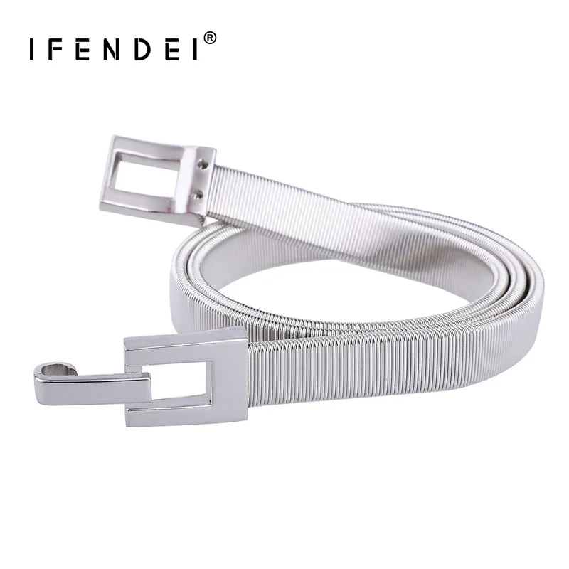 IFENDEI Skinny Stretch Chain Belts For Women Elastic Metal Waistband For Dress Designer Silver ...