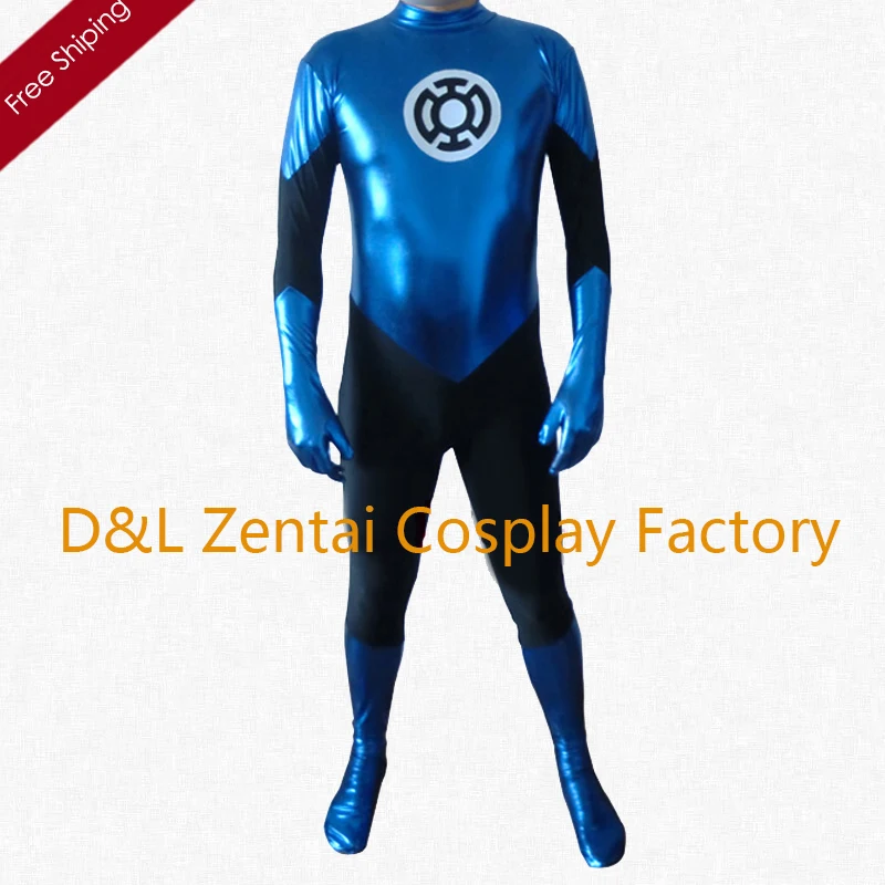 Free Shipping DHL Custom Made Sexy Shiny Metallic Blue Lantern Costume Adult Zentai Catsuit For 2016