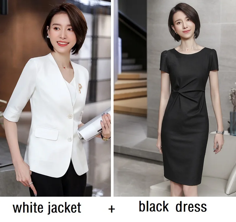 Для женщин костюмы тонкий летний куртка с укороченным рукавом платье ПР Формальные бизнес платья для женщин женские комплект 6908 - Цвет: white black