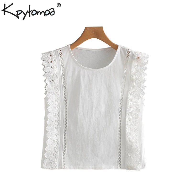 

Vintage Stylish Lace Patchwork Short Style Tops Women Blouses 2019 Fashion O Neck Sleeveless Ladies Shirts Casual Blusas Mujer