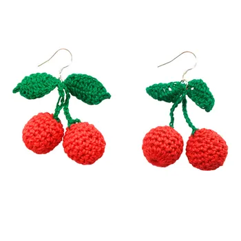 

Earrings with a simple weave of red cherry earrings and sweet long earrings Knit cherry earring