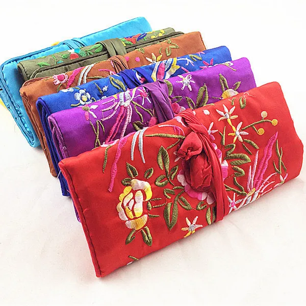 Embroidery Flower Birds Travel Silk Jewelry Roll Bag Large Drawstring Zipper Cosmetic Makeup Pouches Party Favor | Дом и сад