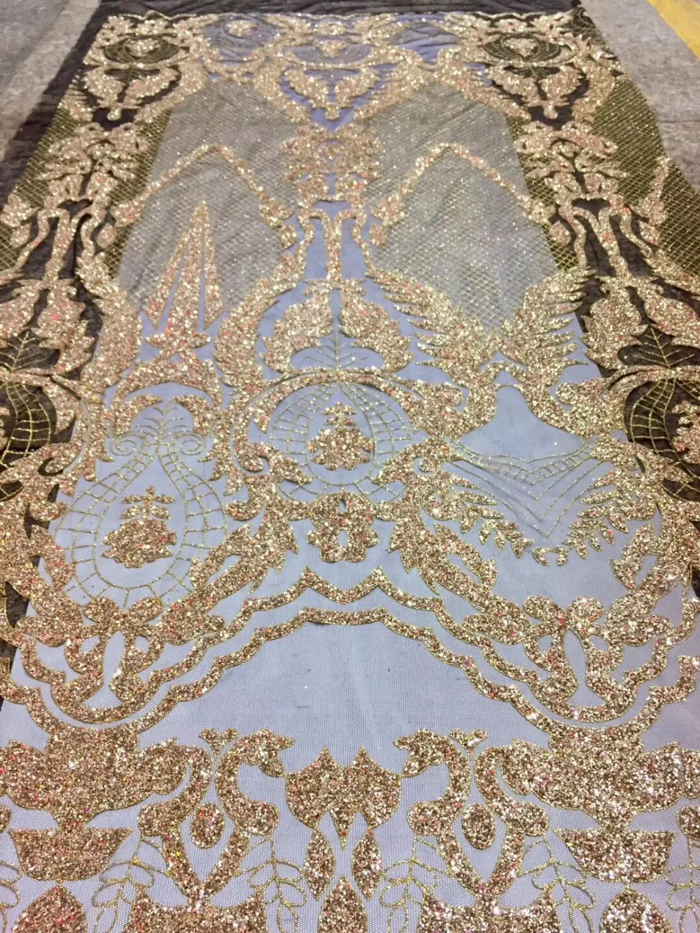 Gold 5yards glued glitter sparkle tulle mesh lace fabric for wedding