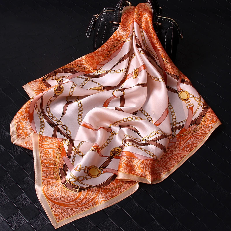 

100% Natural Silk Neckerchief Women Orange Print Chinese Real Silk Handkerchief Headscarf Ladies Thin Silk Square Scarf