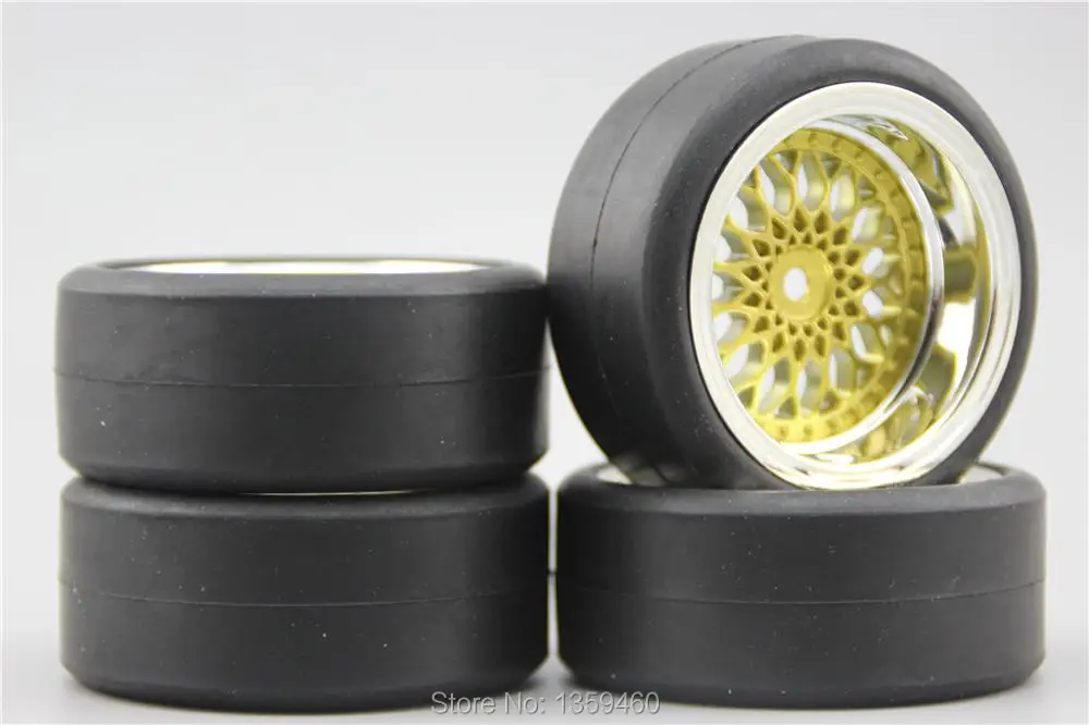 4pcs 1/10 RC Soft Rubber Touring Tire Tyre Wheel Rim Y12CG(Chrome+Painting Gold) 3/6/9mm Offset for 1:10 Touring Car 10043+21005